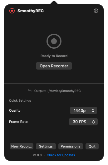 SmoothyRec menu-bar popover