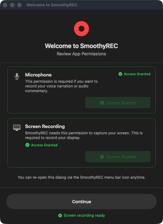 SmoothyRec first-run permissions