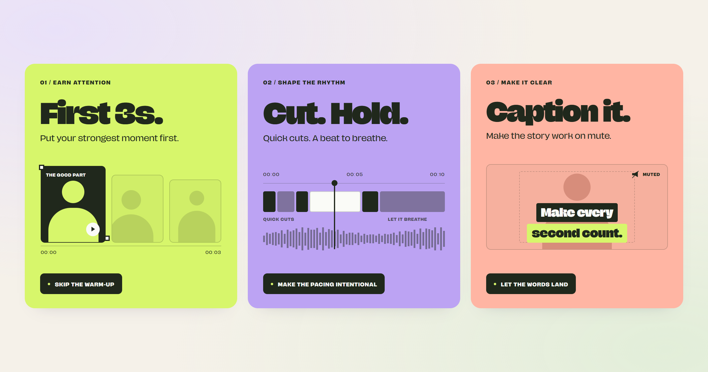 Three colorful editing cards on a soft pastel background: First 3s., Cut. Hold., and Caption it., illustrated with vertical shots, an editing timeline and readable captions.