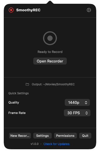The SmoothyREC menu-bar popover during a recording, with recording status, pause and stop controls, quality, frame rate and output folder.