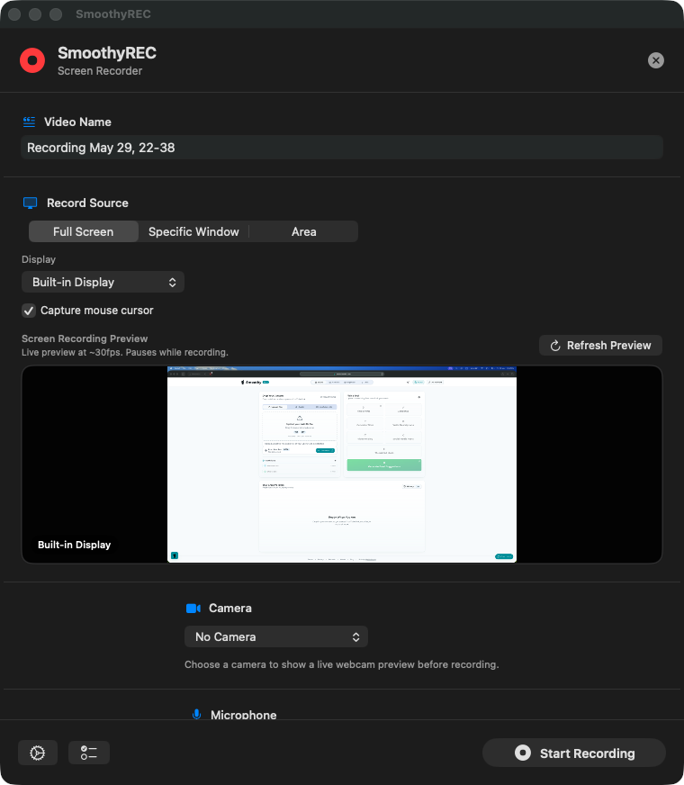 The SmoothyRec recorder window — simple for the client, separate tracks for the editor.